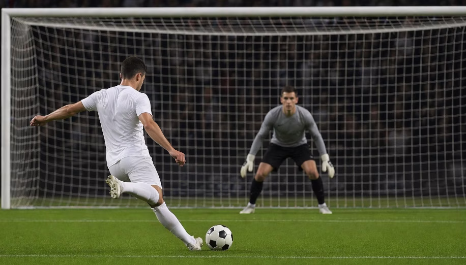 Fußballspieler schießt aus 11m auf das Tor.